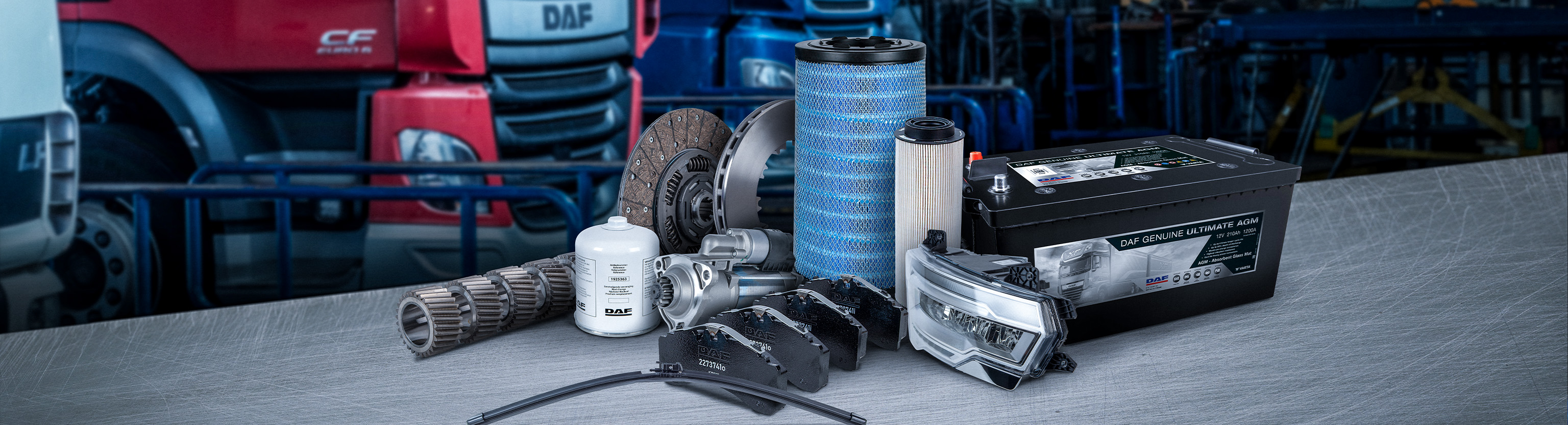 The full range of DAF Genuine Parts: Batteries, filters, lamps, brake discs, brake pads and more.​